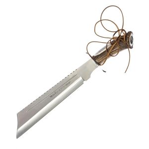 Muela Cuchillo de supervivencia SHERPA-28S con hoja de acero inoxidable MoVa de 28 cm y empuñadura de roseta de ciervo.