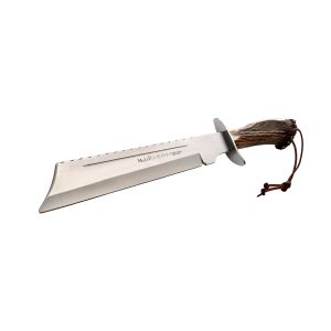 Muela Cuchillo de supervivencia SHERPA-28S con hoja de acero inoxidable MoVa de 28 cm y empuñadura de roseta de ciervo.