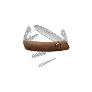 Navaja multiusos suiza Swiza D03 Allmatt, Nogal con hoja de acero 440C de 75.cm. Bloqueo por liner-lock con botón y once usos diferentes