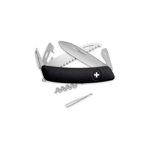 Navaja multiusos suiza Swiza D05 Allmatt - Negro con hoja de acero 440C de 75.cm. Bloqueo por liner-lock con botón y doce usos diferentes