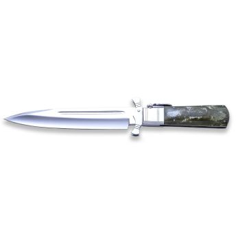 Cuchillo plegable familia Expósito con hoja de acero Molibdeno Vanadio de 18 cm y empuñadura de hueso de vaca tintado con funda de piel PL-75/HU